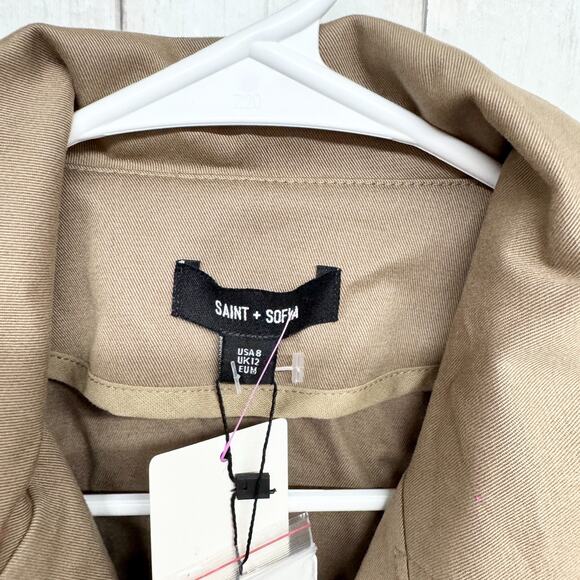 New Saint + Sofia Jacket Women Size 8 Beige Safari Trench Organic Cotton Belted - Picture 2 of 8